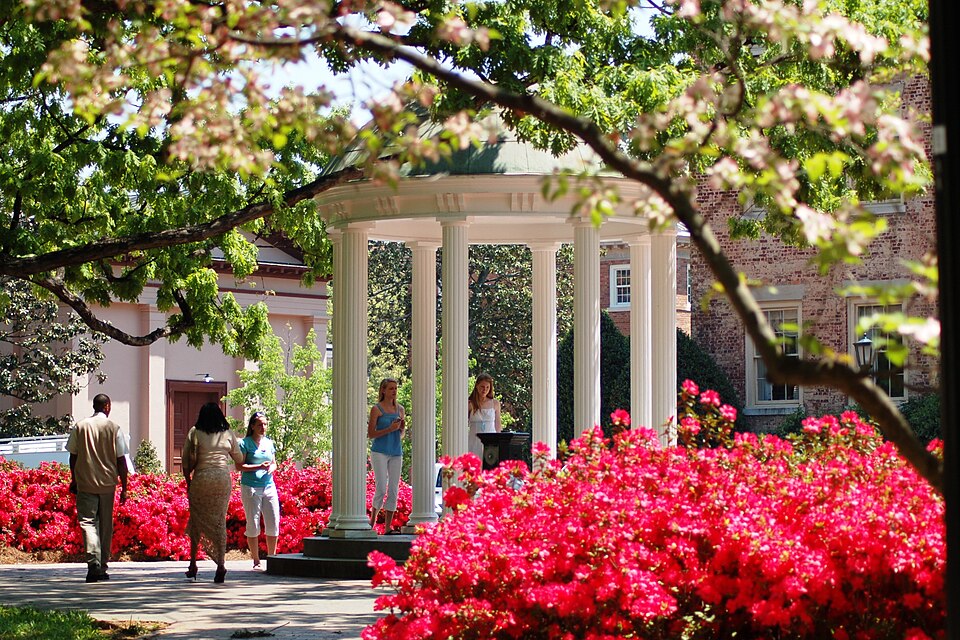 The Old Well at UNC-Chapel Hill among spring azaleas