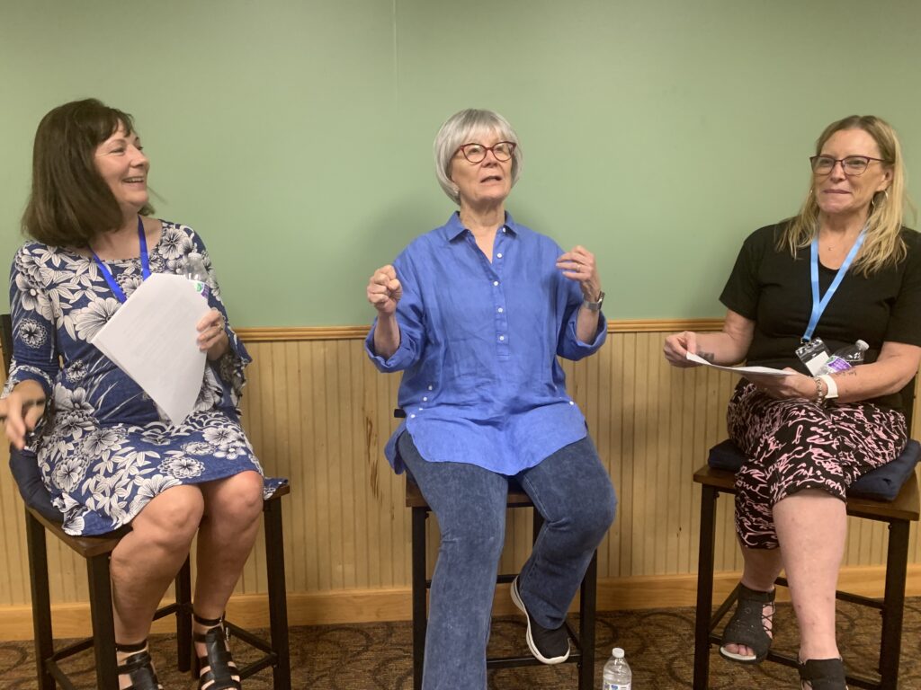 Janet Evanovich, center, takes questions between two panelists at a Friends author evening in the library meeting room.
