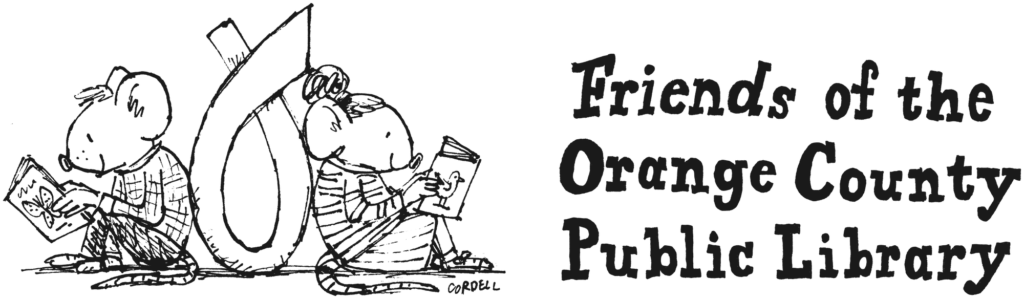 Two mice reading back to back against a leaf, with the hand-lettered words Friends of the Orange County Public Library
