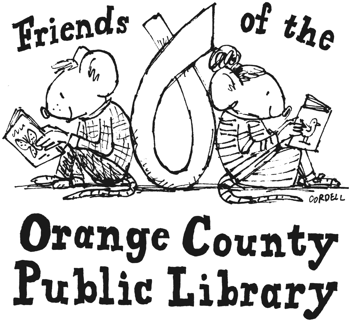 Two mice reading back to back against a leaf, with the hand-lettered words Friends of the Orange County Public Library