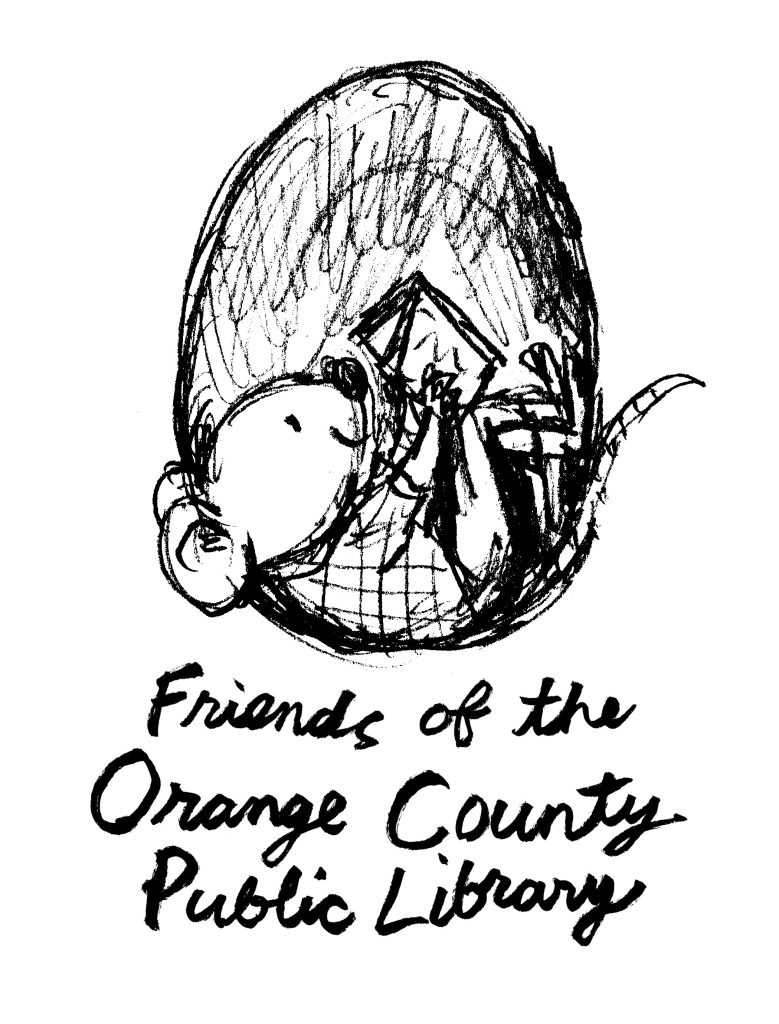 Hand-drawn Friends of the Orange County Public Library bookworm sketch