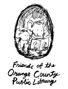 Hand-drawn Friends of the Orange County Public Library bookworm sketch