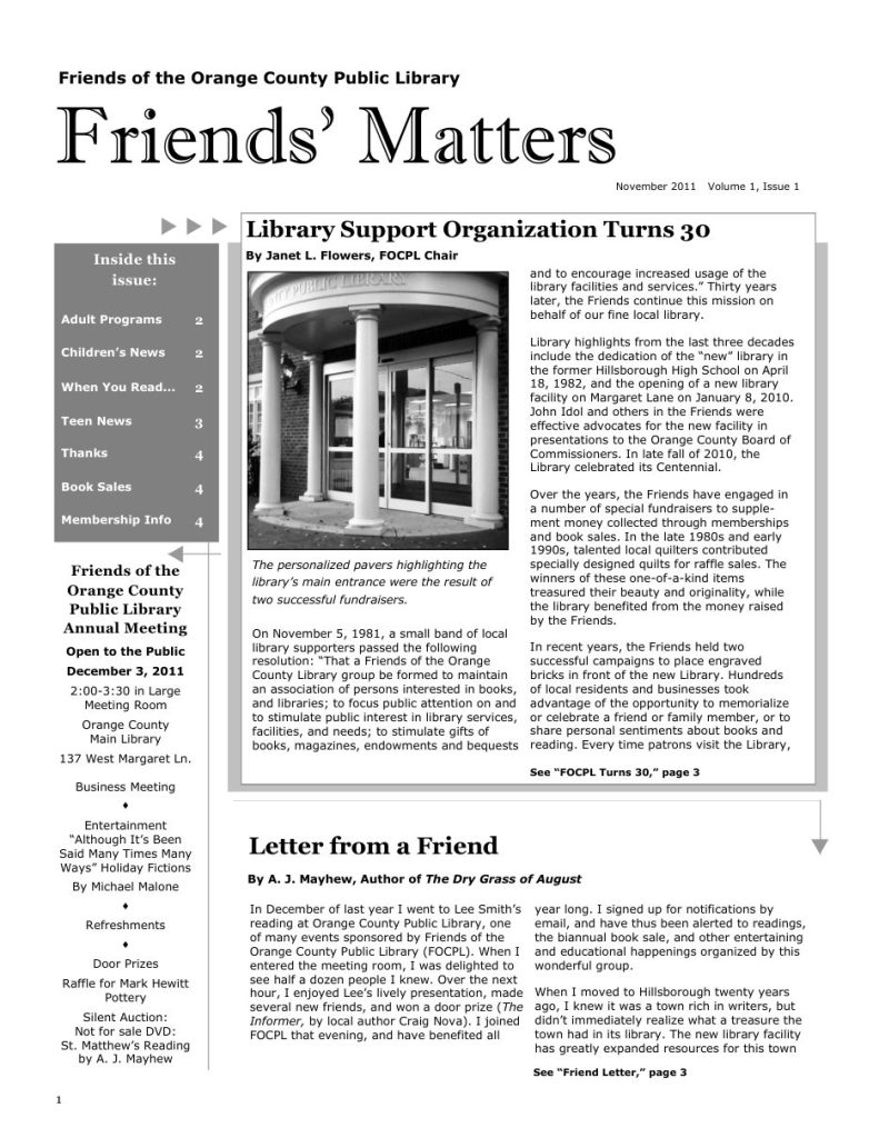 Friends’ Matters, Vol. 1 No. 1, November 2011: the issue that reported 740 sign-ups.