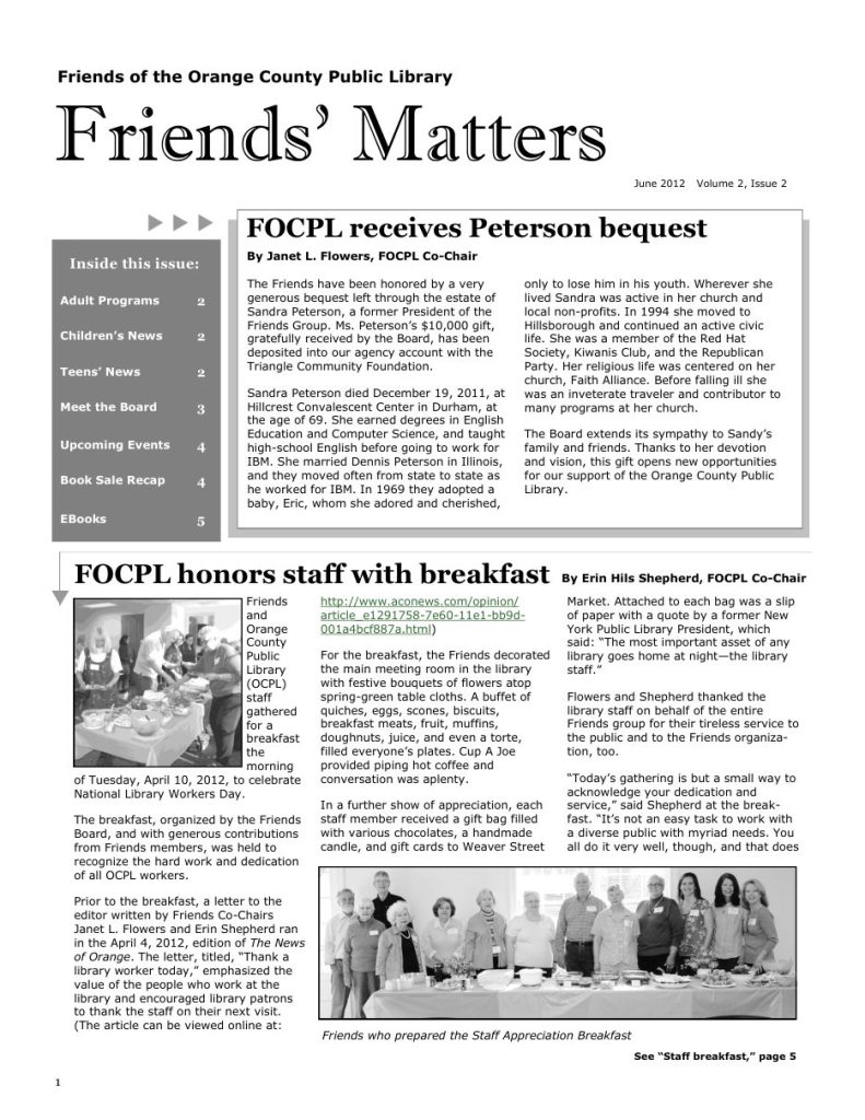 Friends’ Matters, June 2012, announcing Dream Big, Read!