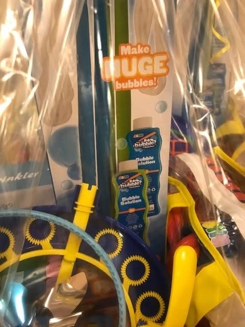 Prize baskets, collected at the desk