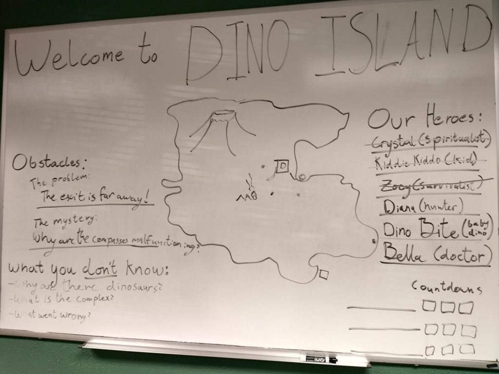 Dino Island, run for teens off a whiteboard