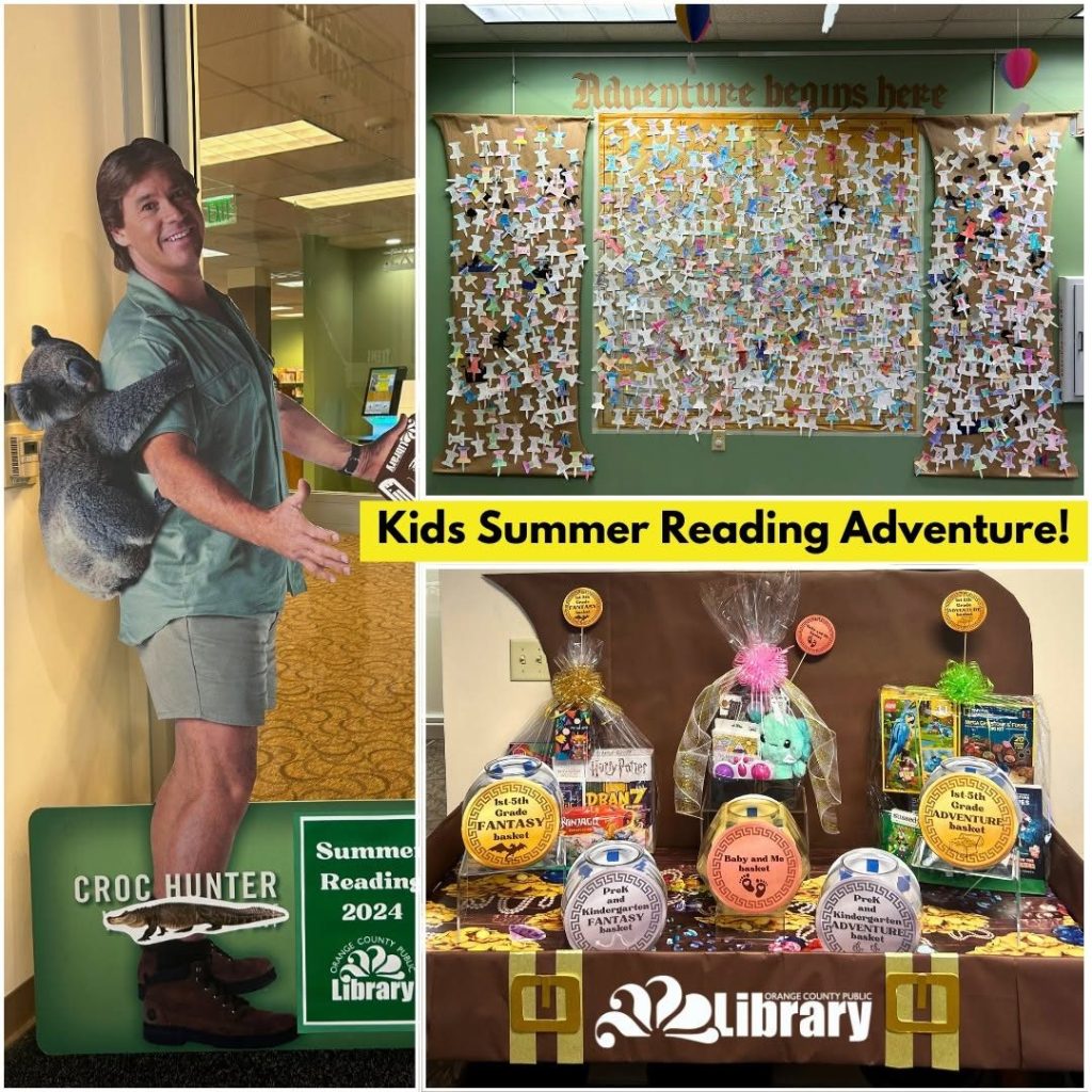 The reading wall, and the raffle baskets