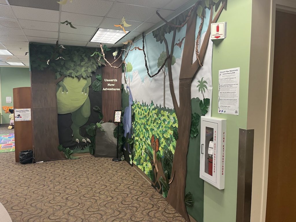 The children’s area, turned prehistoric jungle