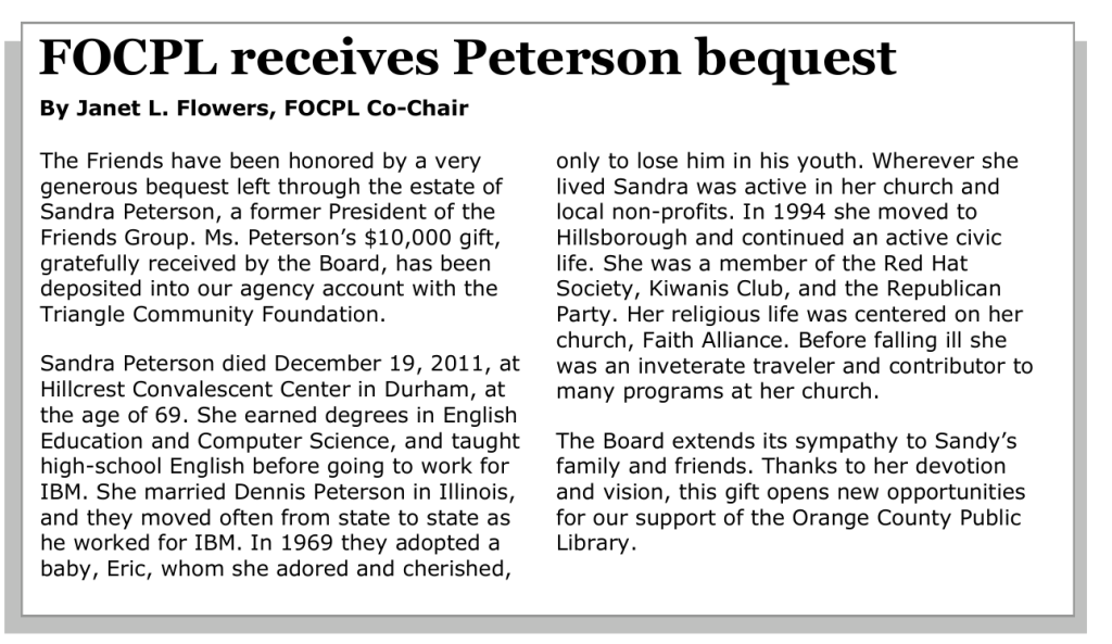 Newsletter article headed "FOCPL receives Peterson bequest", by Janet L. Flowers, FOCPL Co-Chair, June 2012