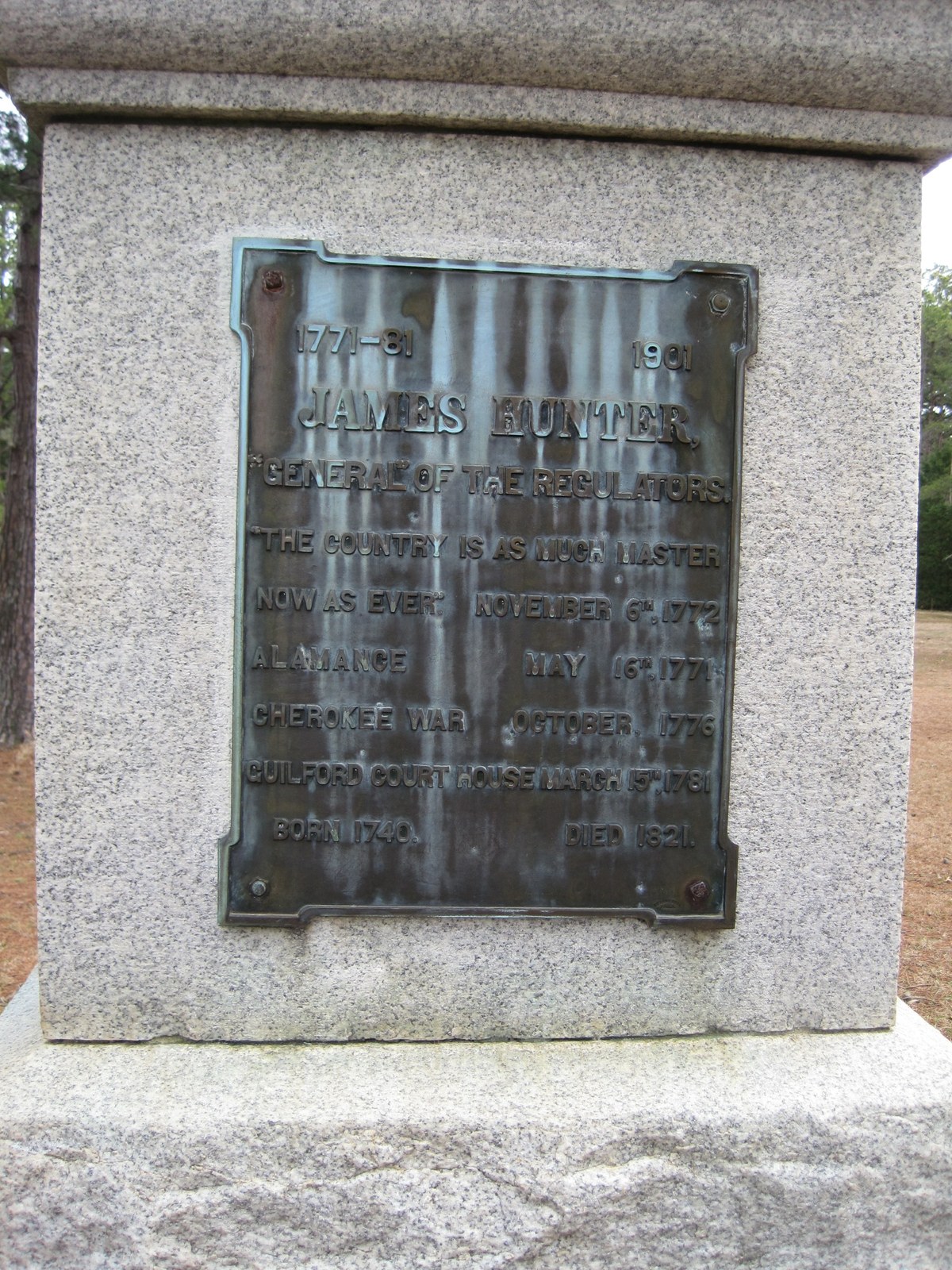 The Alamance Battleground monument, with James Hunter’s words