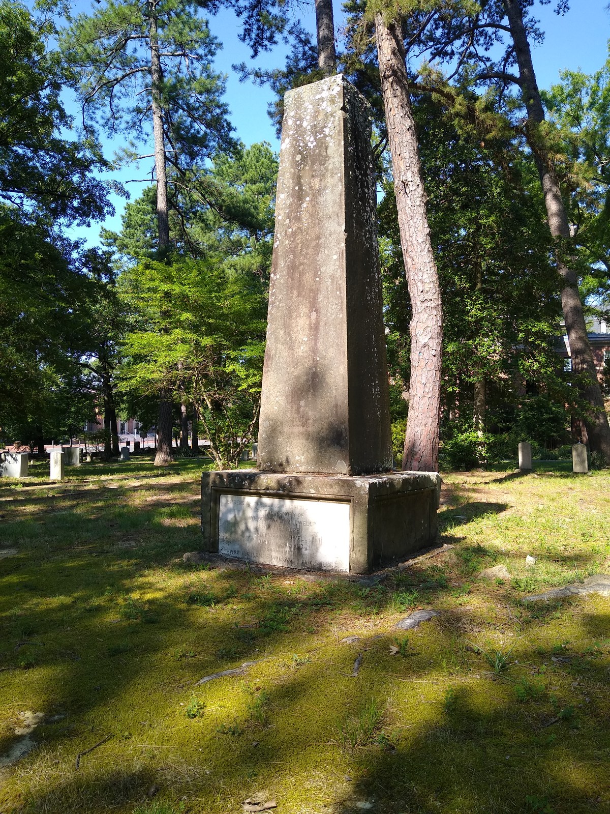 The monument to Wilson Swain Caldwell in the Old Chapel Hill Cemetery, placed by the class of 1891