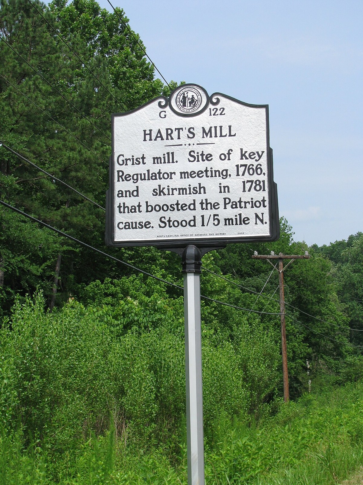 The state historical marker for Hart's Mill (G-122) near Hillsborough, 2009