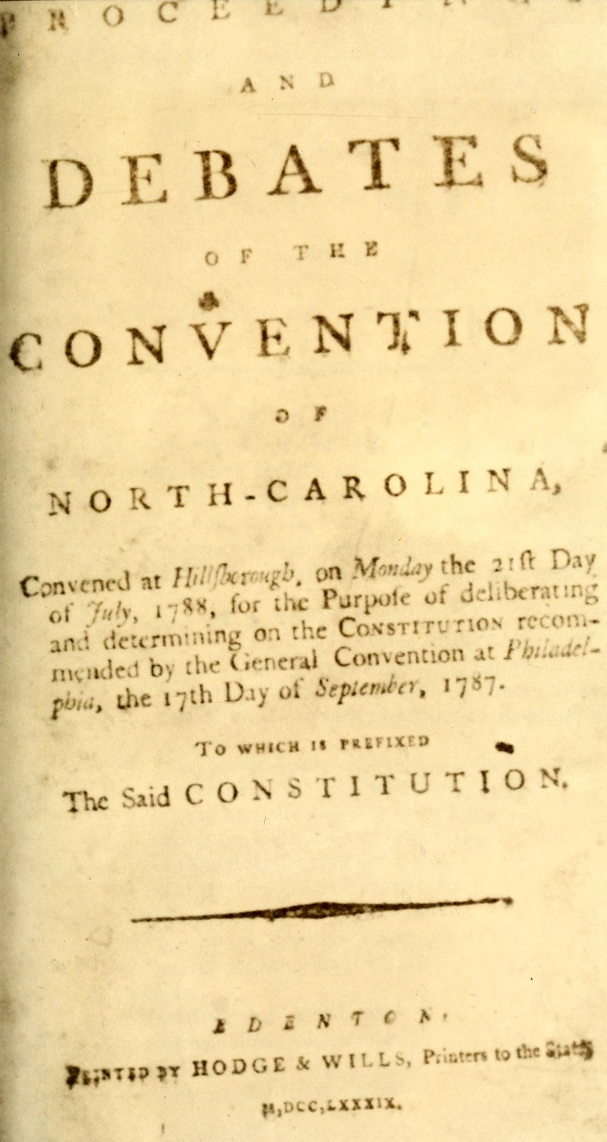Title page of the Proceedings and Debates of the Convention of North-Carolina
