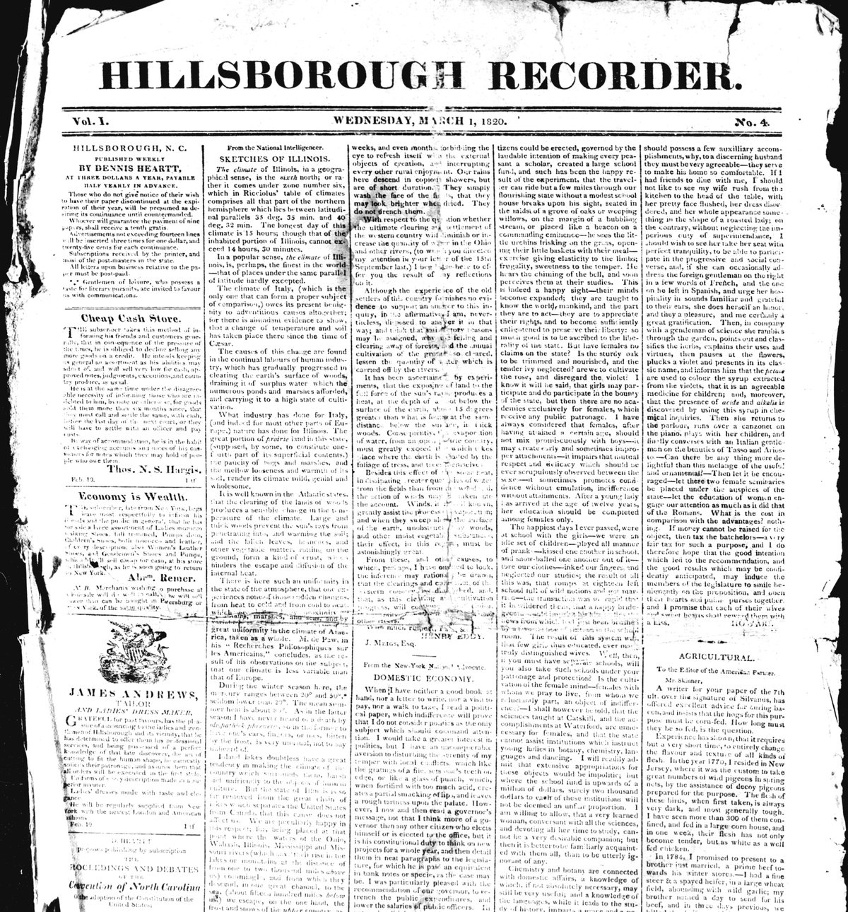 The Hillsborough Recorder of 1 March 1820