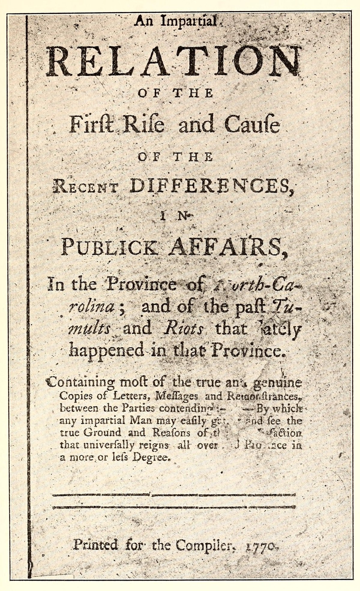 Title page of Herman Husband's An Impartial Relation, 1770