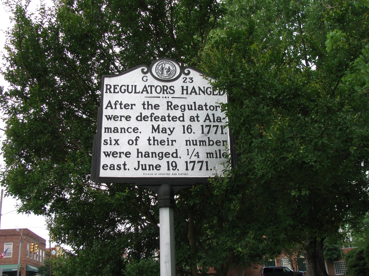 The state marker for the six Regulators hanged at Hillsborough in June 1771