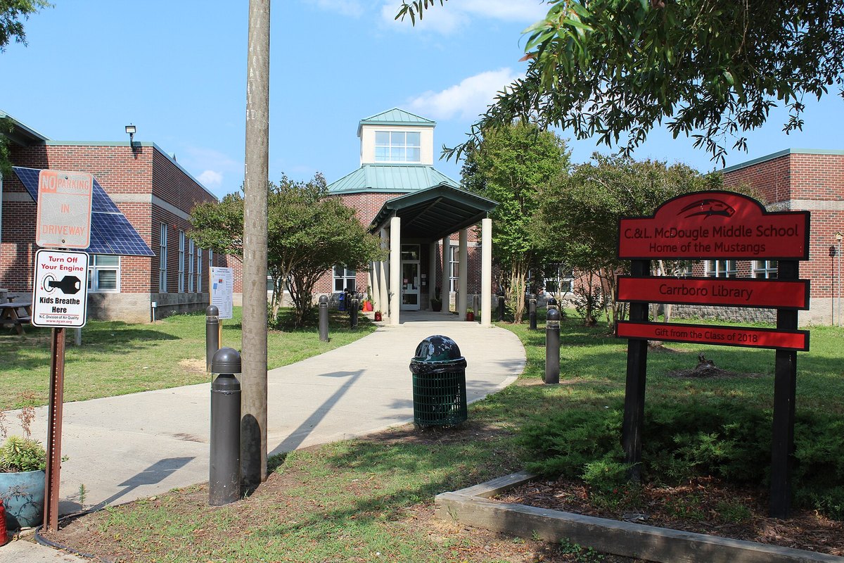McDougle Middle School entrance, Carrboro, 27 June 2023