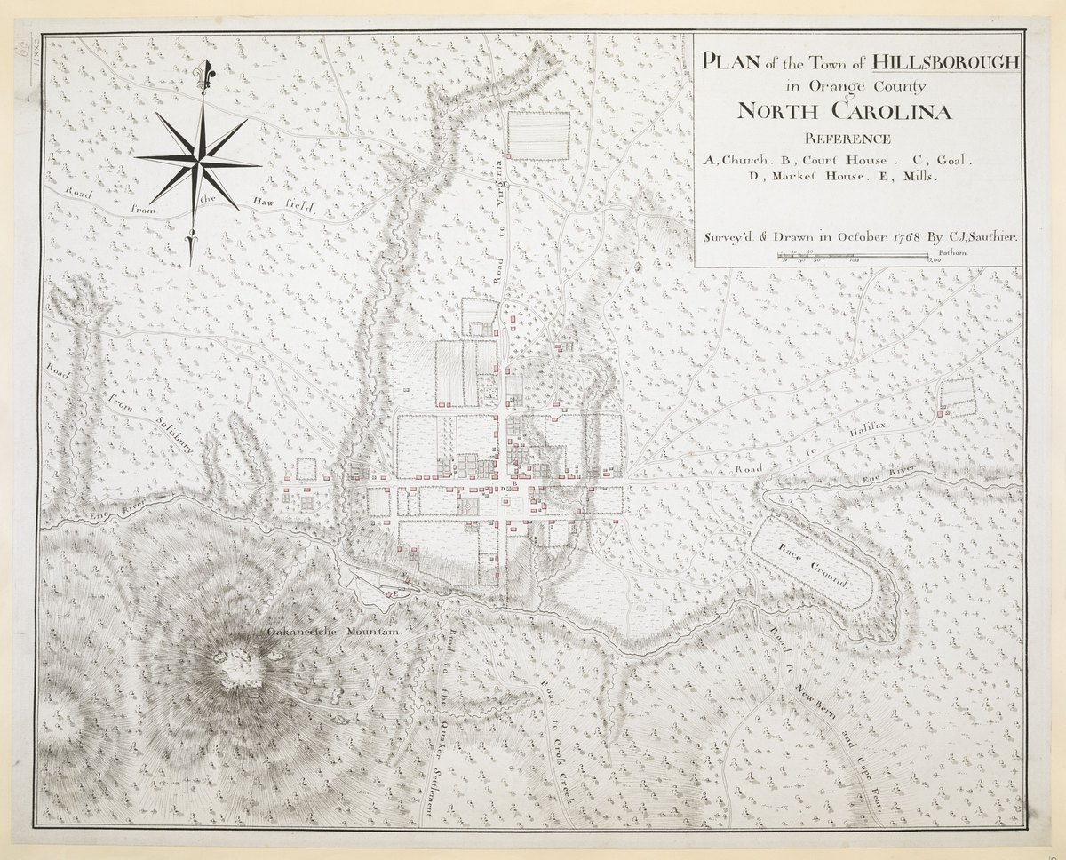 Sauthier's plan of Hillsborough, October 1768; the church ground is marked A