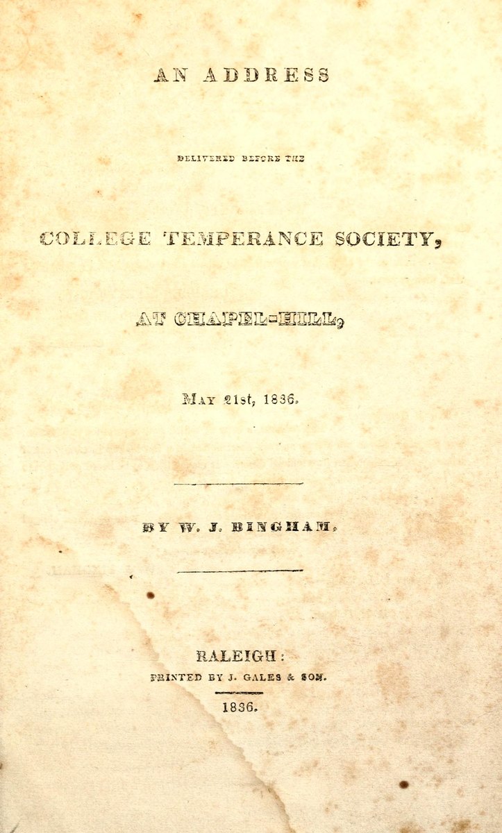 Title page of William J. Bingham's address to the College Temperance Society at Chapel Hill, 1836