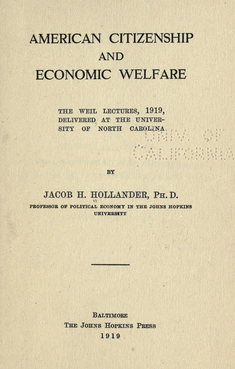 Title page of Jacob H. Hollander's 1919 Weil lectures delivered at UNC